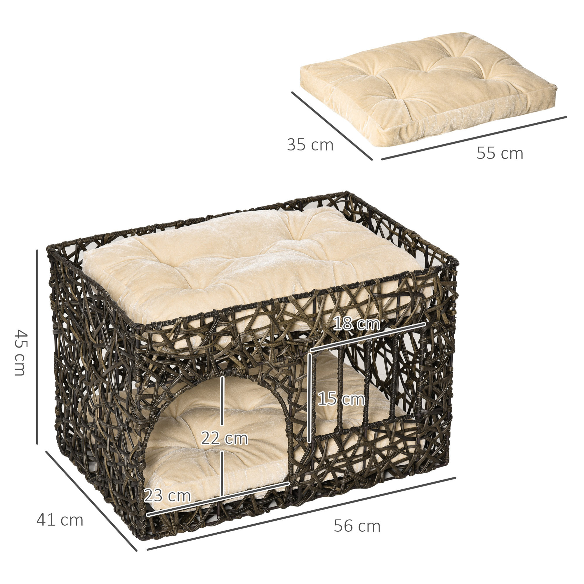 Cesta de Ratán para Gatos de 2 Alturas con 2 Cojines Suaves y Ventana 56x41x45cm