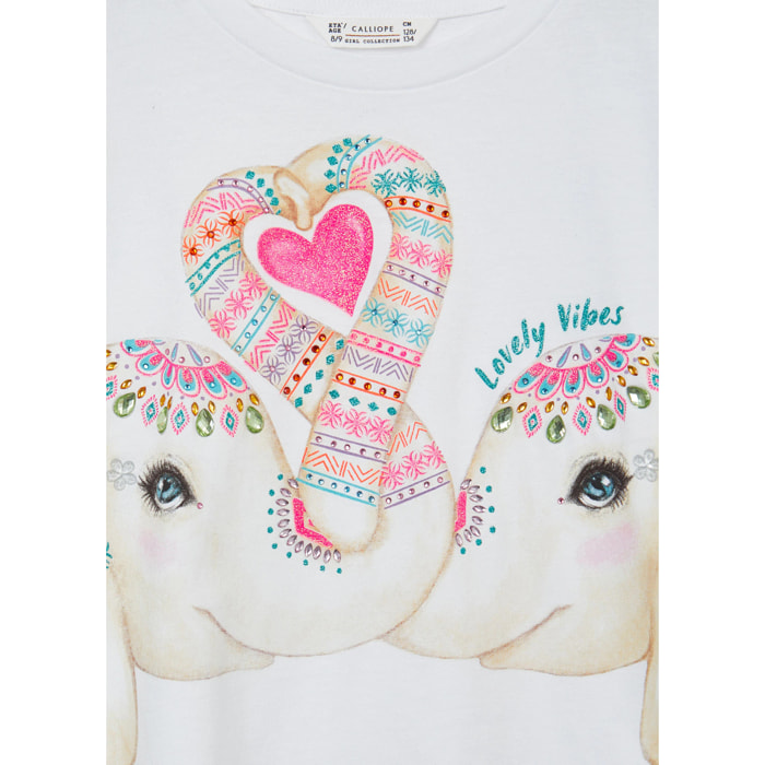 T-shirt stampa elefanti con strass e glitter