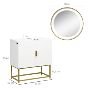 Conjunto de Baño Juego de Mueble para Debajo del Lavabo con Patas de Acero y Espejo de Baño con Luz LED Interruptor Táctil 60x30x65 cm Ø60x4 cm Blanco y Dorado