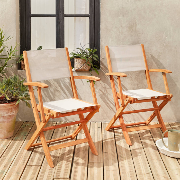 Fauteuils de jardin en bois et textilène - Almeria blanc - 2 fauteuils pliants en bois d'Eucalyptus huilé et textilène