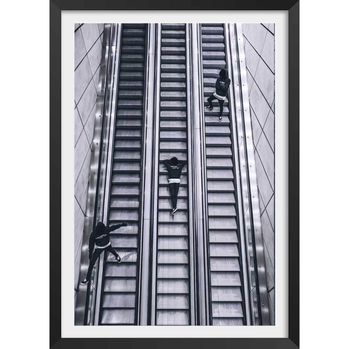 Affiche noir et blanc clic clac escalators Affiche + cadre en bois - Noir