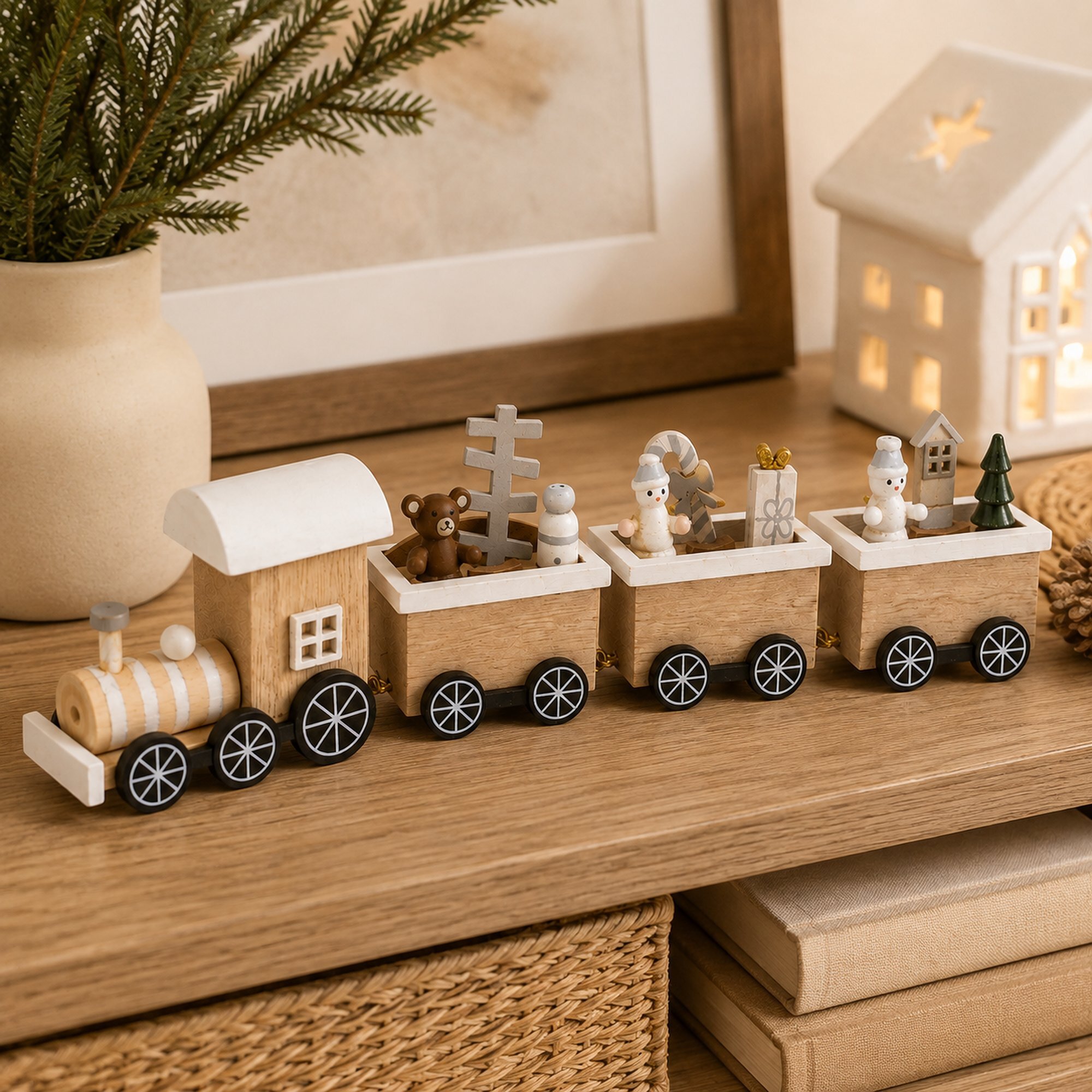 Tren navideño decorativo de madera, diseño natural con vagones y árboles, adorno para mesa, estantería o centro de navidad, 25x6,5x3 cm