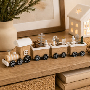 Tren navideño decorativo de madera, diseño natural con vagones y árboles, adorno para mesa, estantería o centro de navidad, 25x6,5x3 cm