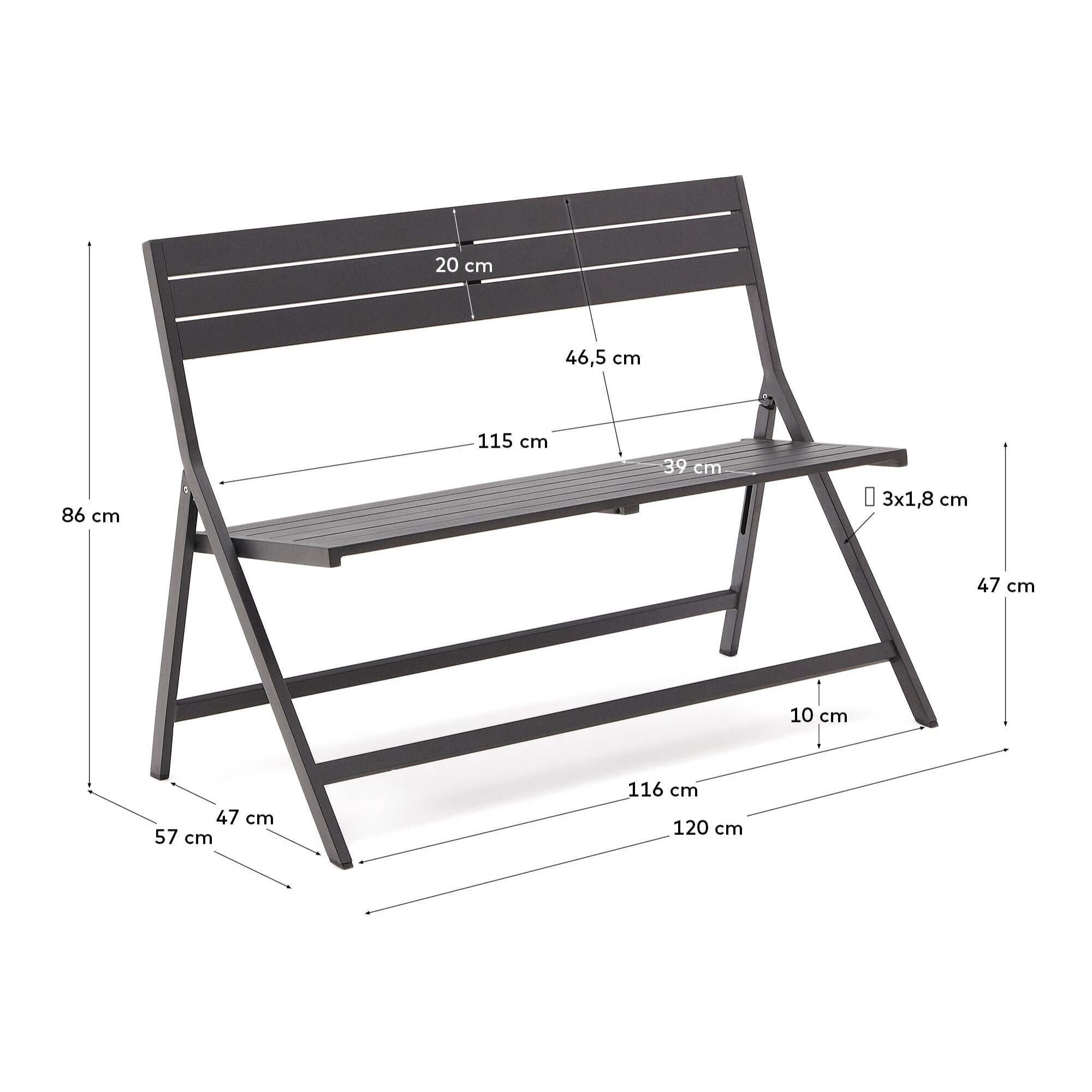 Kave Home - Panca da esterno pieghevole Torreta in alluminio con finitura grigio scuro