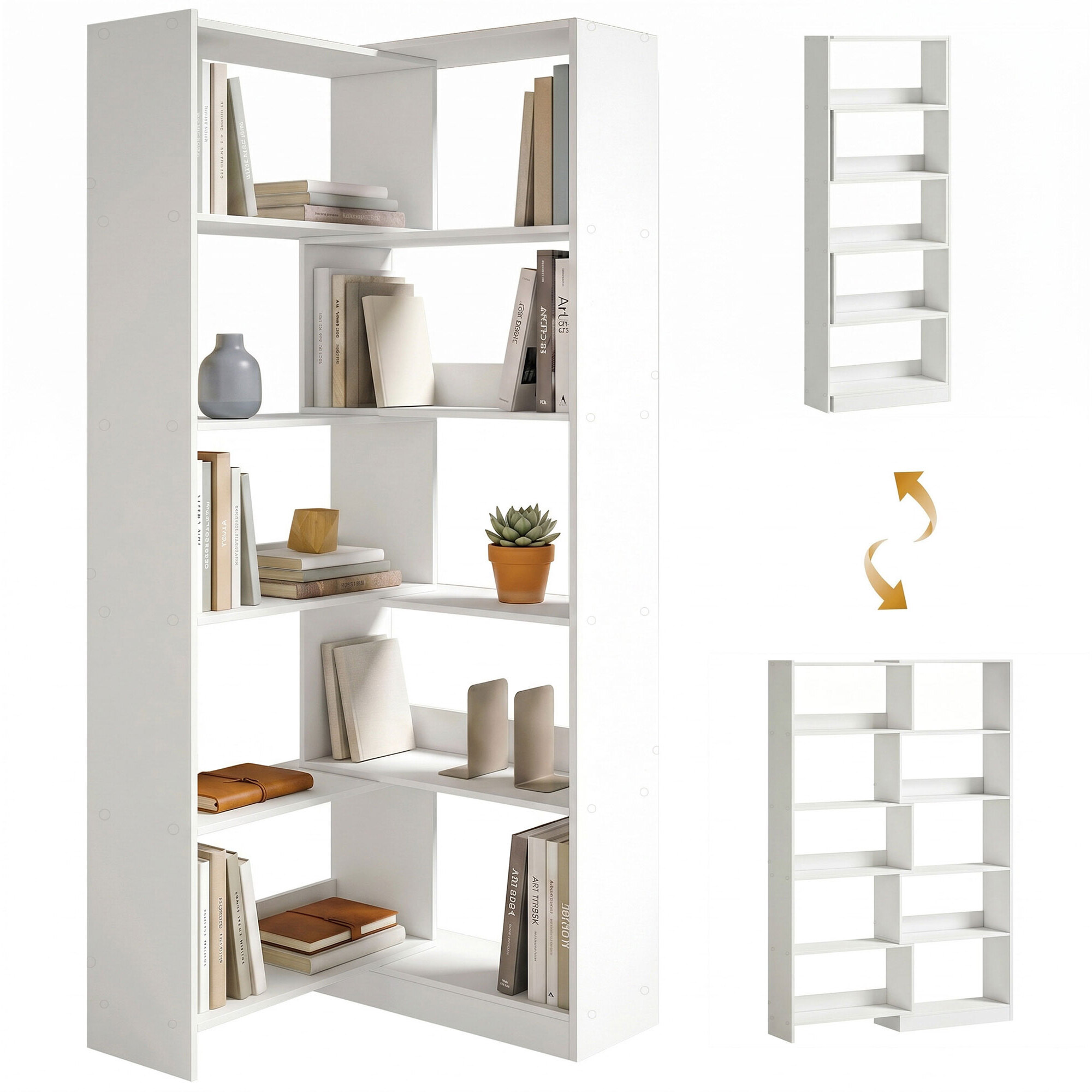 Estantería Expandible 5 Niveles, Librería para Libros Giratoria 350°, Ancho Ajustable, Convertible en en L, Recta o Compacta para Salón, Dormitorio, Estudio 111,5x23,8x163,7 cm Blanco