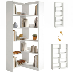 Estantería Expandible 5 Niveles, Librería para Libros Giratoria 350°, Ancho Ajustable, Convertible en en L, Recta o Compacta para Salón, Dormitorio, Estudio 111,5x23,8x163,7 cm Blanco