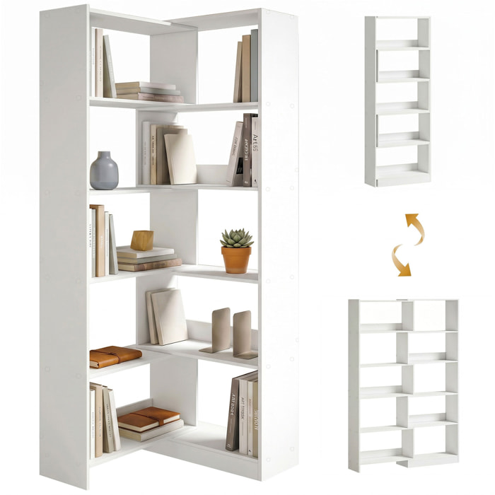 Estantería Expandible 5 Niveles, Librería para Libros Giratoria 350°, Ancho Ajustable, Convertible en en L, Recta o Compacta para Salón, Dormitorio, Estudio 111,5x23,8x163,7 cm Blanco