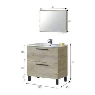 Mobile sottolavabo Yonkers, Mobiletto per bagno a 2 cassetti, Armadietto sospeso con specchio, lavabo non incluso, cm 80x45h80, Rovere