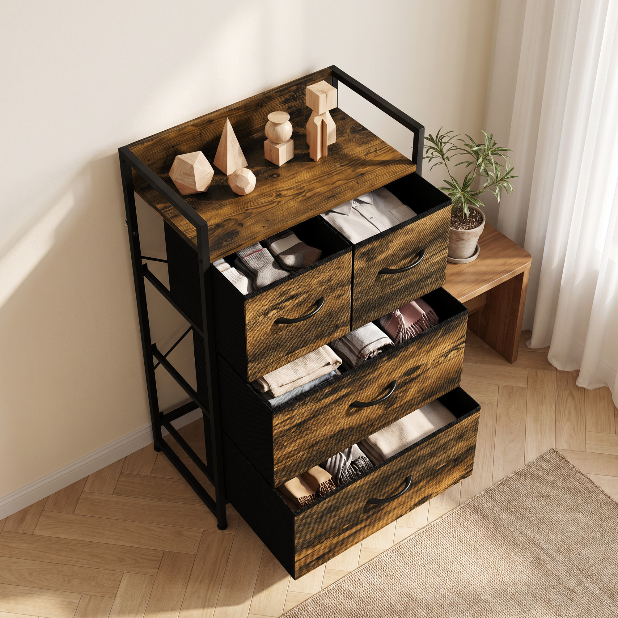 Mueble Organizador Cajonera de Tela con Cajones Plegables Estante Abierto y Marco de Acero Estilo Industrial para Salón Recibidor Dormitorio 60x29x85 cm Marrón Rústico