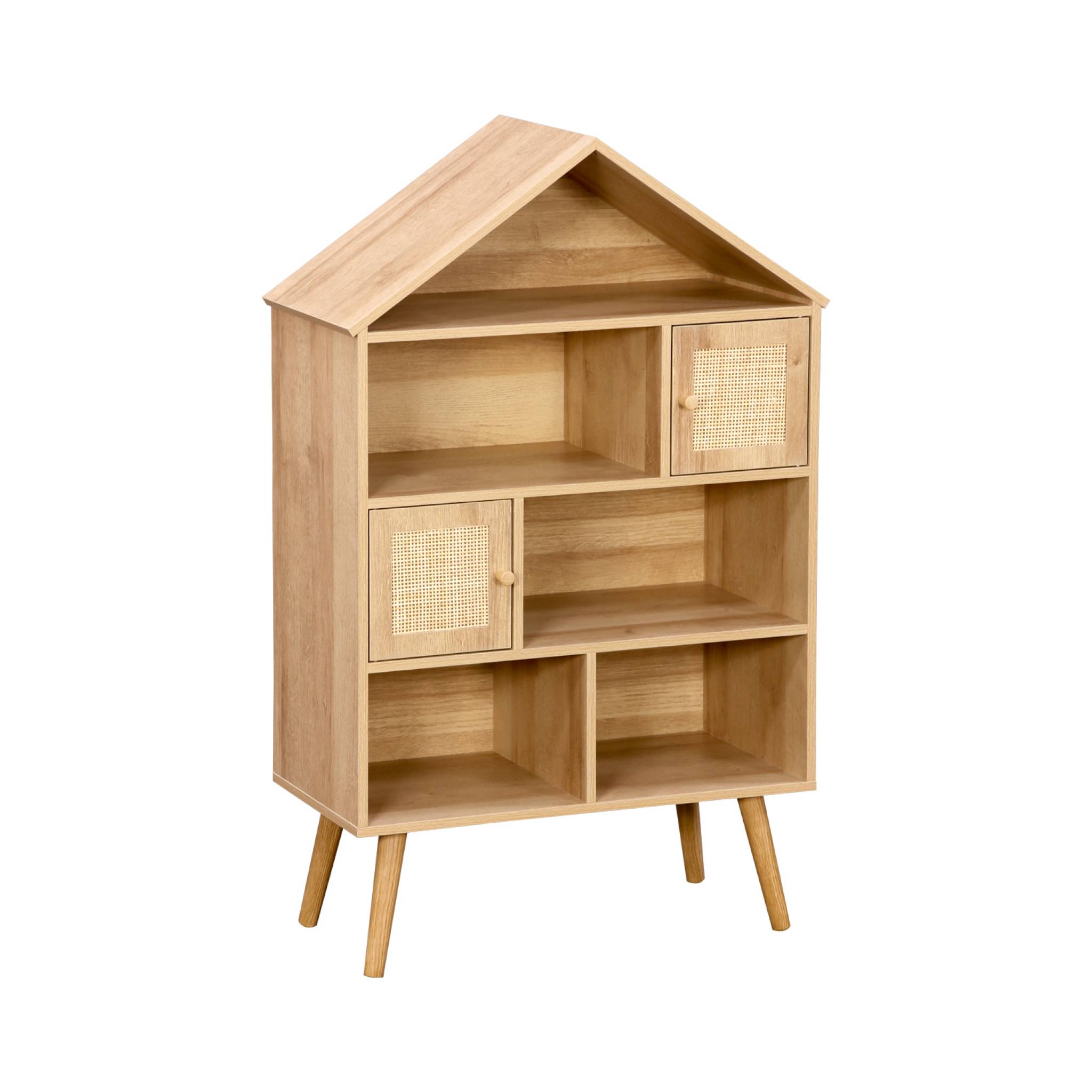 Etagère bibliothèque effet bois. pieds en pin. 7 compartiments et 2 portes en cannage