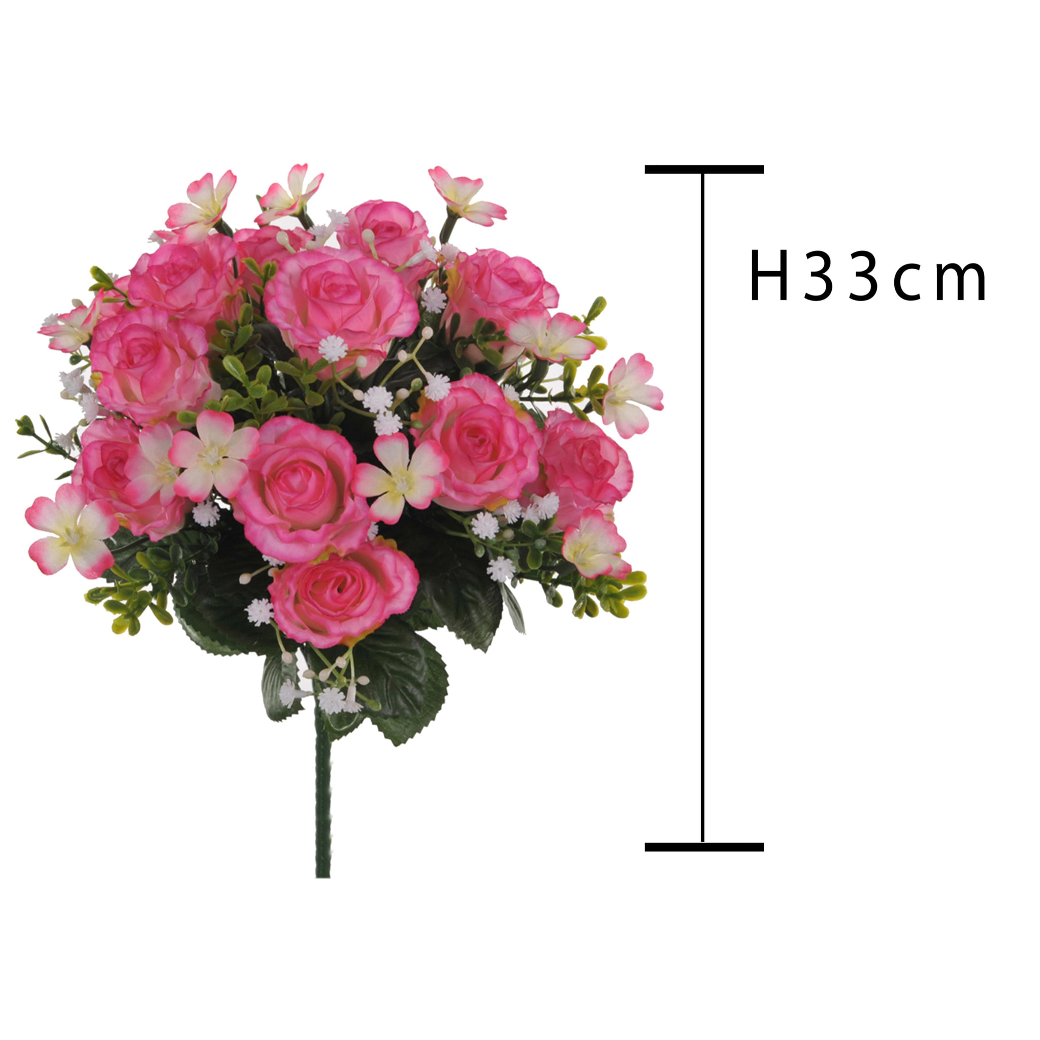 Bouquet Di Rose E Gipsophila. Altezza 33 Cm - Pezzi 4 - 23X33X23cm - Colore: Rosa - Bianchi Dino - Fiori Artificiali