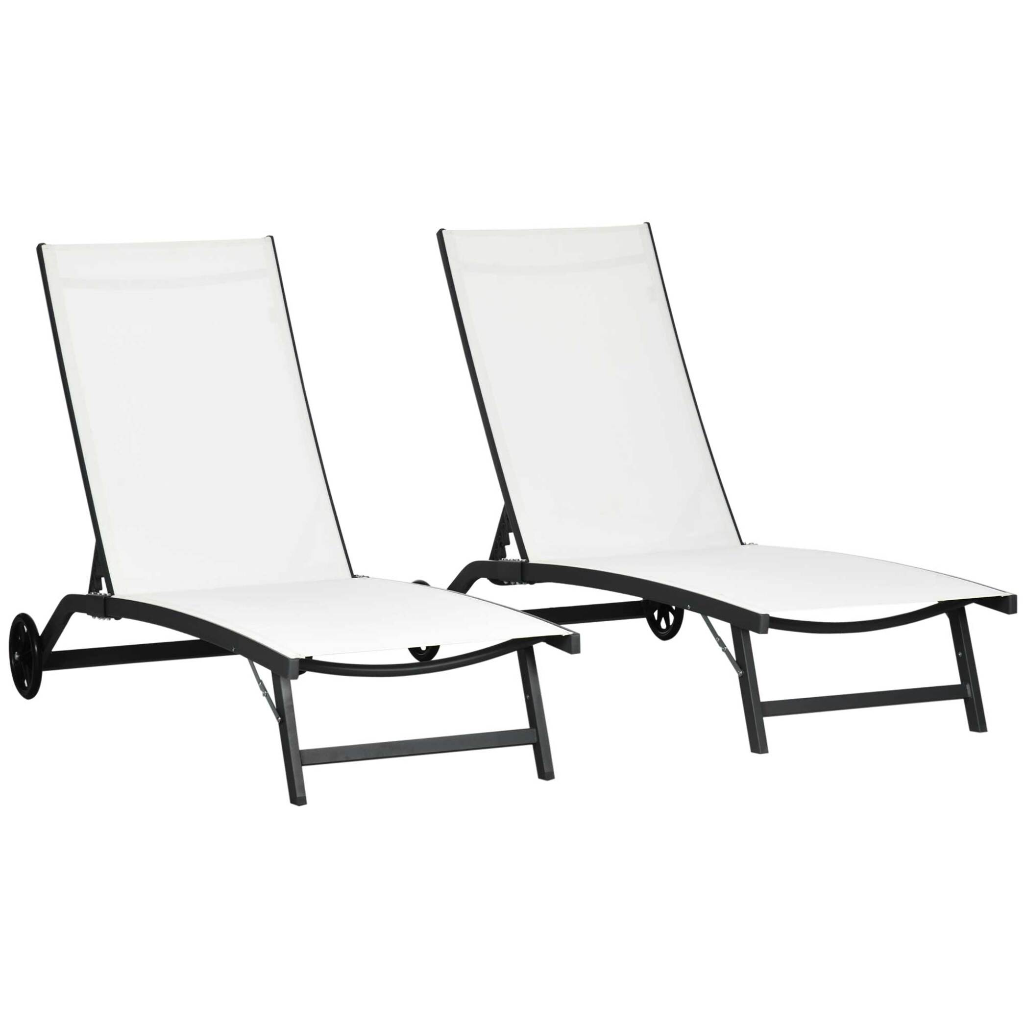 Lot de 2 bains de soleil transats inclinables - 2 roulettes - alu. textilène crème