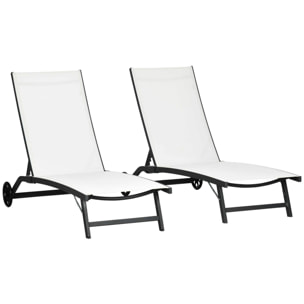 Lot de 2 bains de soleil transats inclinables - 2 roulettes - alu. textilène crème