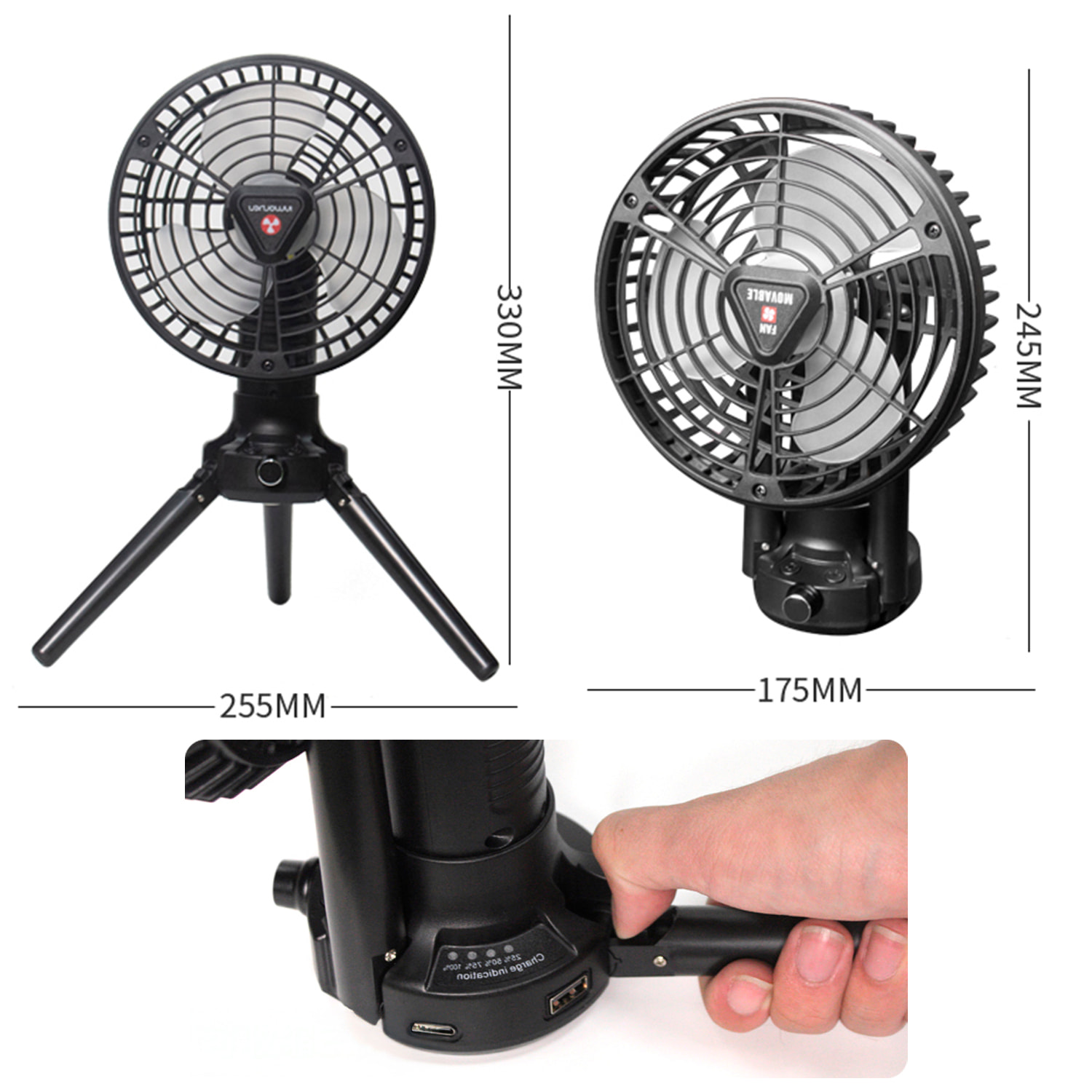Ventilatore x77 con LED con 7 luci, velocità regolabile e 3 livelli di luce. Oscillazione di 120º e angolo regolabile di 1800º. Con treppiede, gancio per appendere e powerbank di 7800mAh.