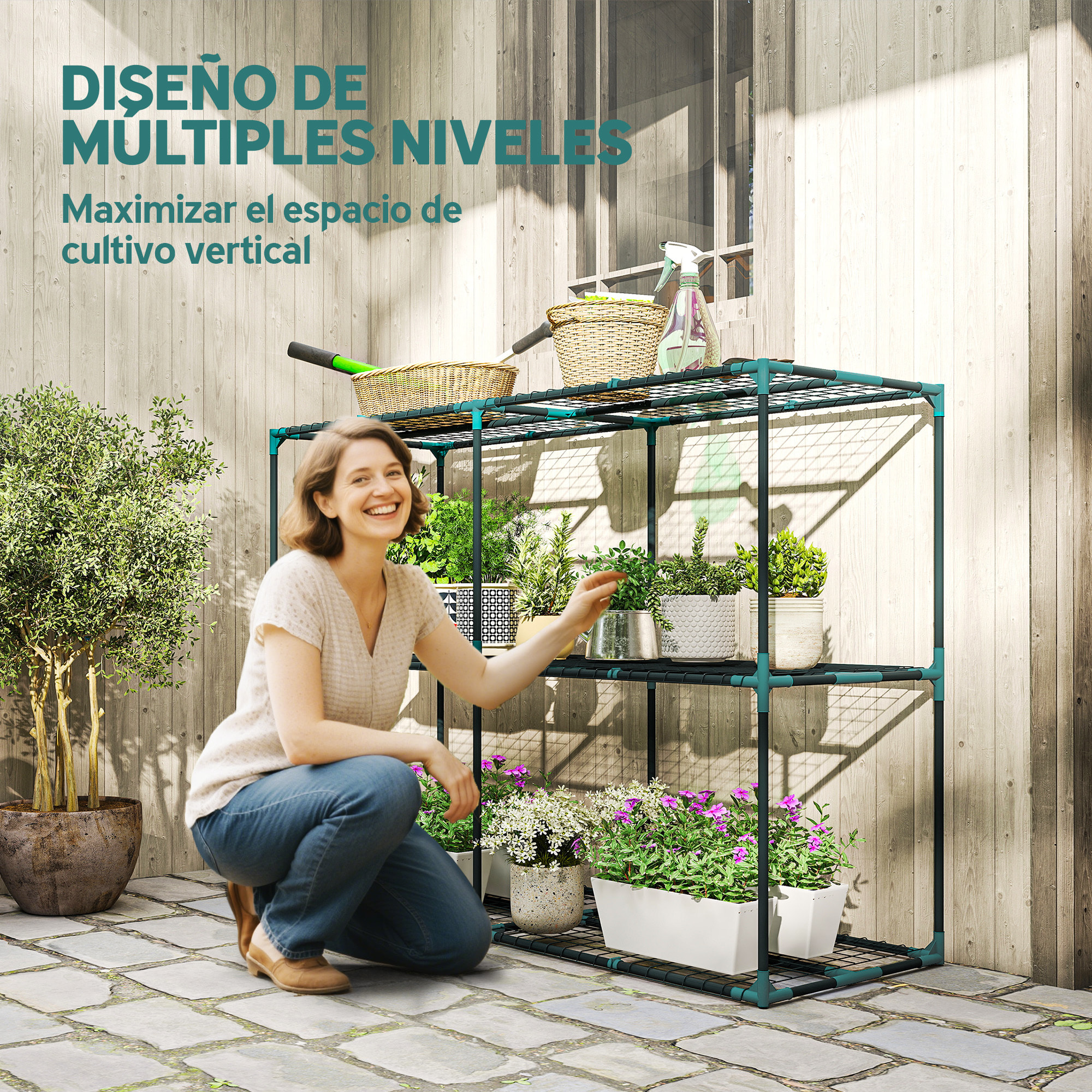 Soporte para Plantas de 3 Niveles para Interior y Exterior, Estantería para Plantas de Acero, Resistente y Estable, Estante para Macetas, Patio, Jardín, Balcón, Verde Oscuro