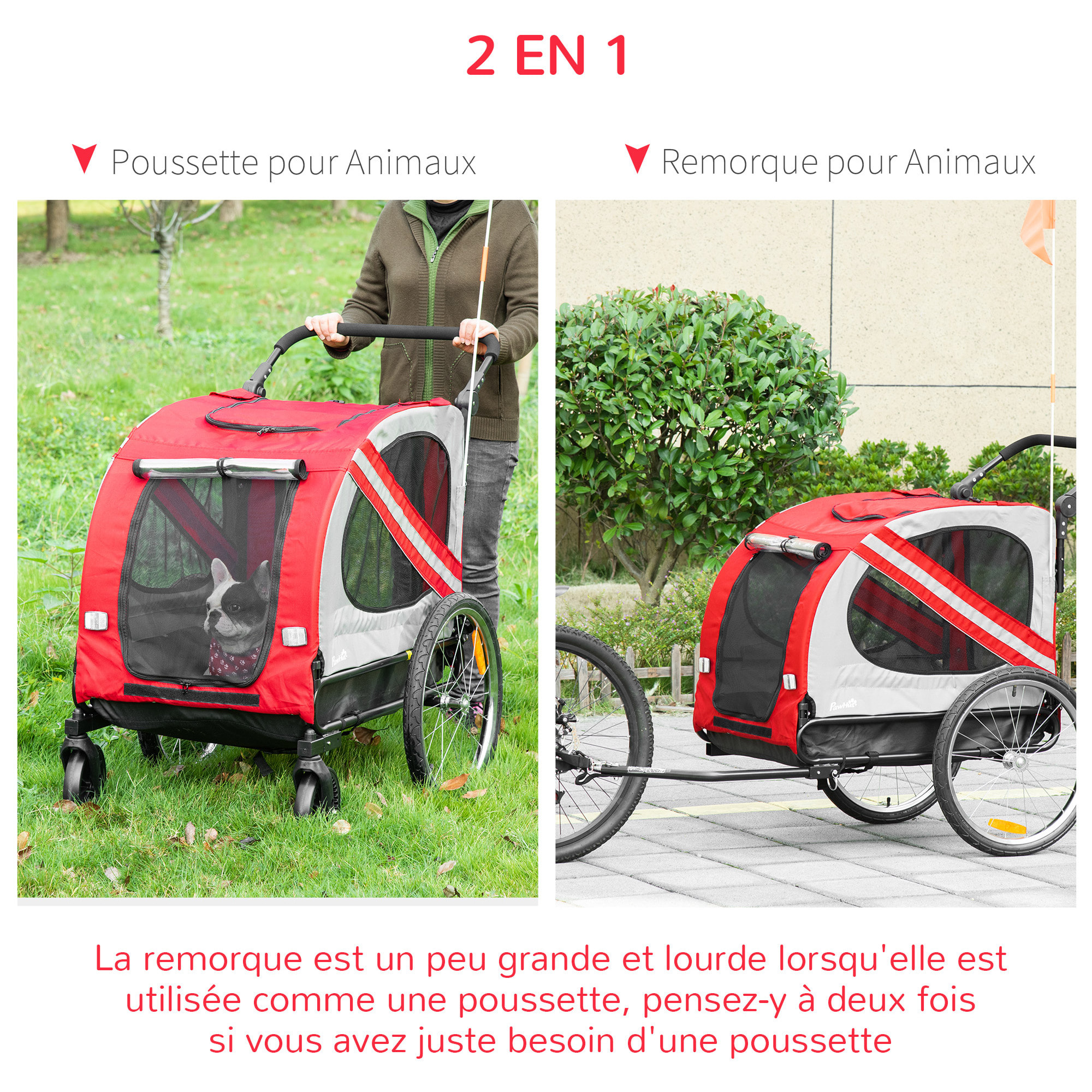 Remorque vélo jogger 2 en 1 pour animaux drapeau roue avant pivotante réflecteurs rouge gris