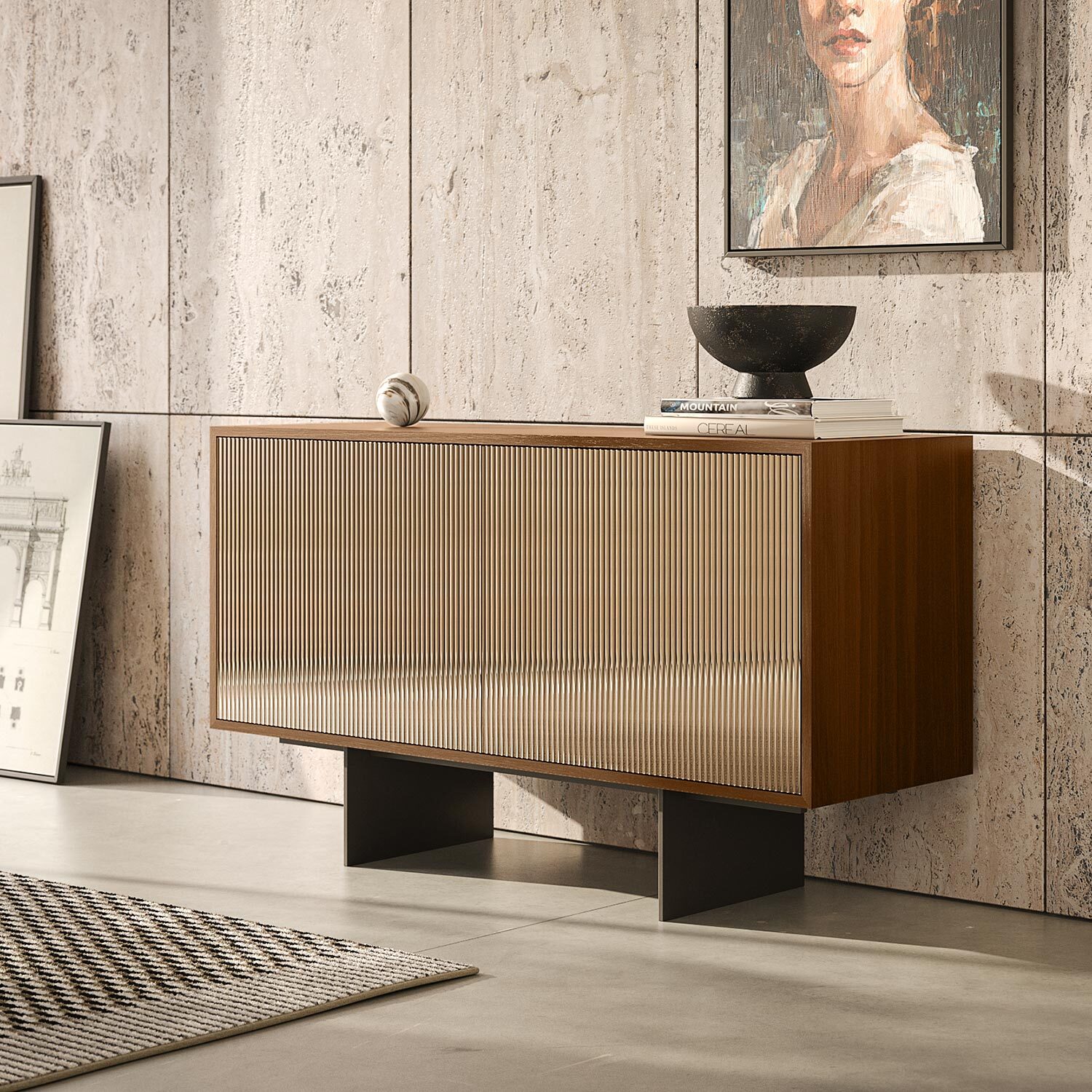 MADIA VESIRA CANNETE 2 ANTE - STRUTTURA NOCE CANALETTO, GRIGIO CARBONE, ANTA SPECCHIO BRONZATO