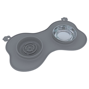 Ciotola Per Cani Gatti 3 In 1 Alimentazione Lenta Acciaio Inox Croccantini Acqua Tappetino in Silicone Antiribaltamento con Ventose 52 x 35 Cm Grigio