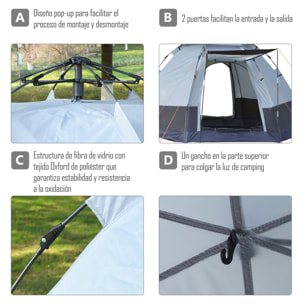 Tienda de Campaña para 2-3 Personas Tienda de Camping Plegable con 2 Puertas Impermeable Anti-UV Palanca Automática y Bolsas para Senderismo Playa 260x260x150 cm Negro y Gris