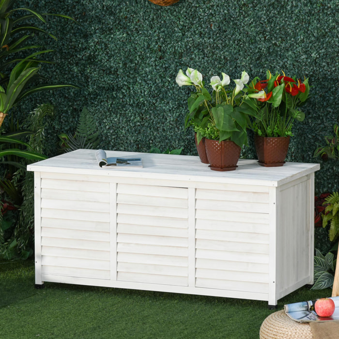 Baúl de Madera Exterior Caja de Almacenamiento de Jardín con Tapa Abrible y Diseño Persiana 127x56x60 cm Blanco