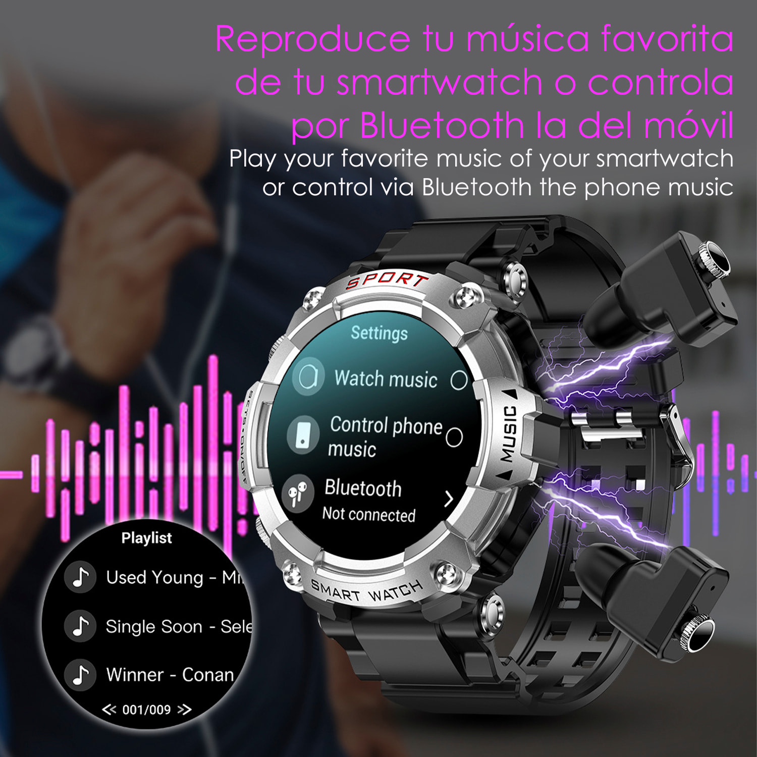 Smartwatch T96 con cuffie TWS integrate. Riproduzione musicale dallo smartwatch stesso e dall'esterno. Funzioni sportive e salute.