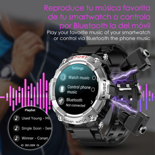 Smartwatch T96 con cuffie TWS integrate. Riproduzione musicale dallo smartwatch stesso e dall'esterno. Funzioni sportive e salute.