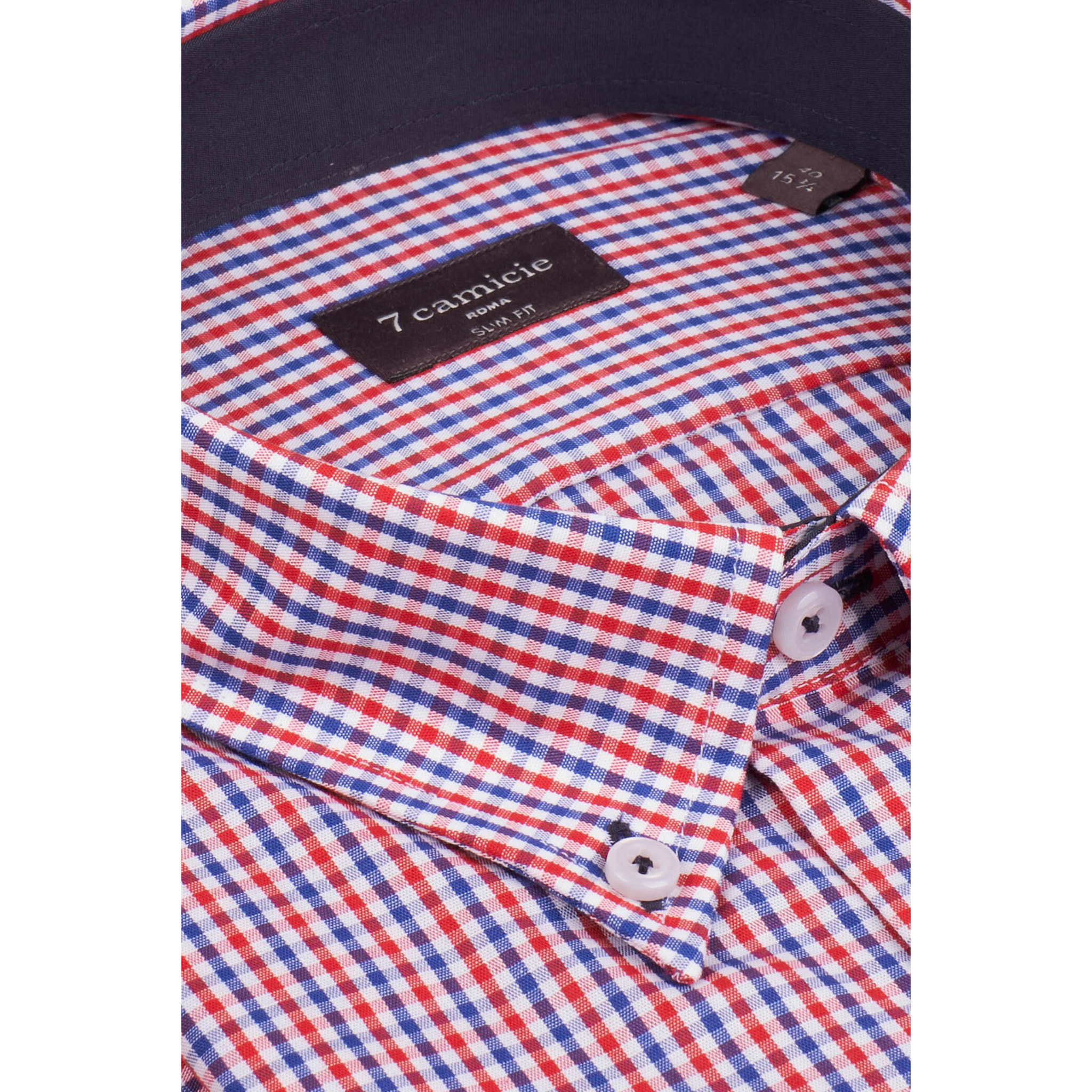 Camicia Uomo 1 Bottone Button Down Manica Corta Slim Popeline Quadro Piccolo Blu\Rosso