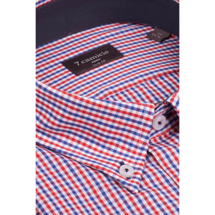 Camicia Uomo 1 Bottone Button Down Manica Corta Slim Popeline Quadro Piccolo Blu\Rosso