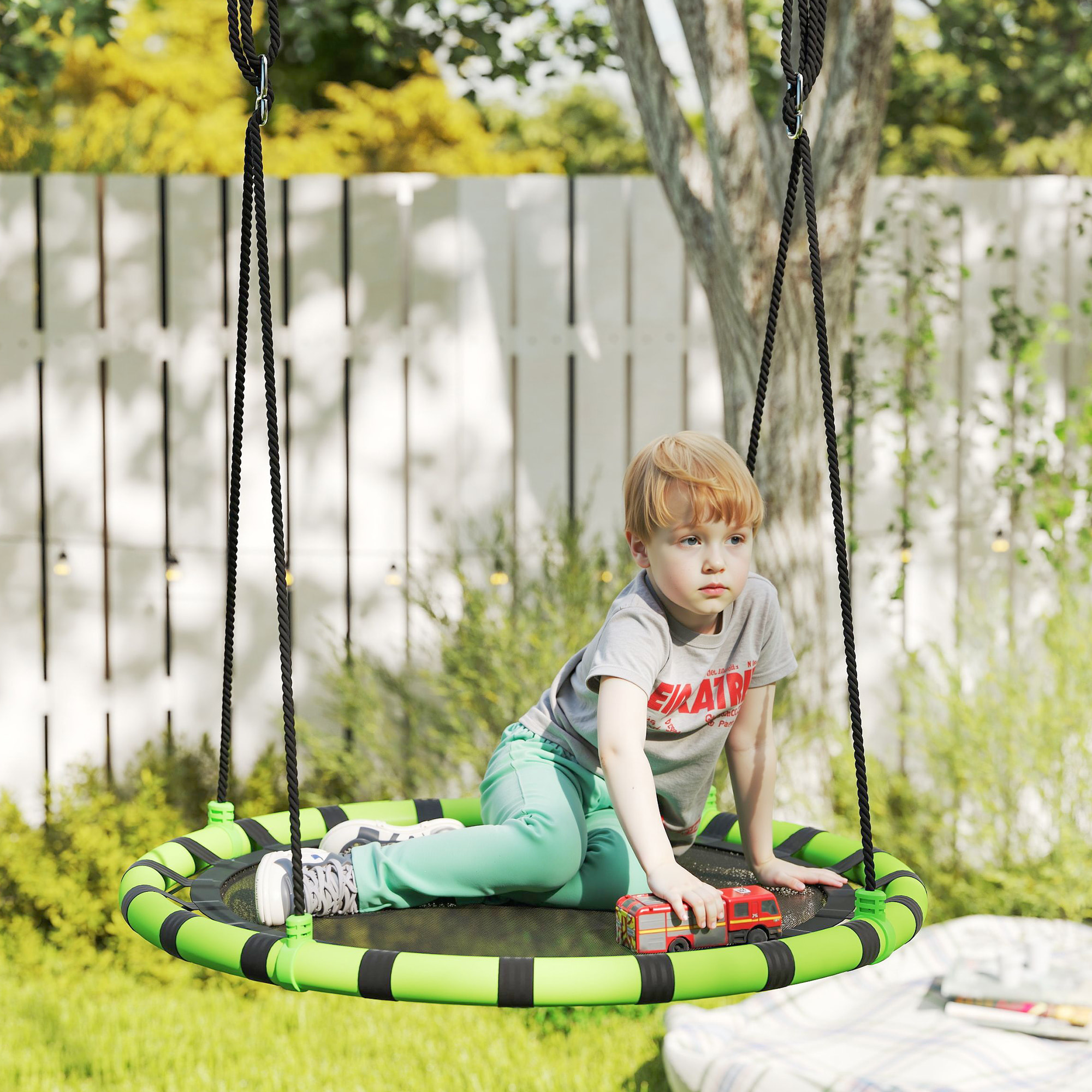 Columpio para Niños Redondo Columpio Jardín Exterior Ajustable Columpio Infantil Impermeable Carga 150 kg Ø100x180 cm Negro y Verde