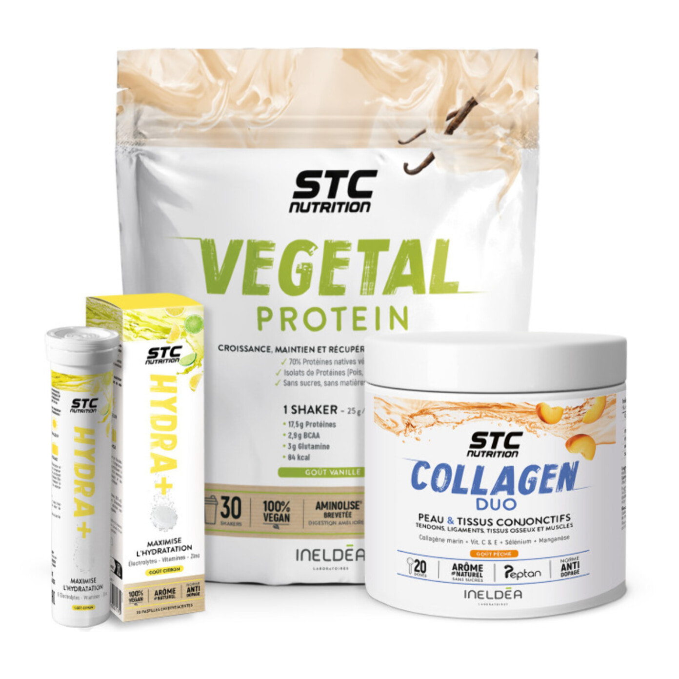 STC Nutrition - Pack 45 Jours Soft Challenge - HYDRA+ Citron 20 Pastilles + Collagen Duo 230 g + Vegetal Protein Vanille 750 g - Hydratation, Protéines & Collagène