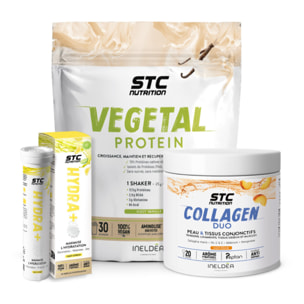 STC Nutrition - Pack 45 Jours Soft Challenge - HYDRA+ Citron 20 Pastilles + Collagen Duo 230 g + Vegetal Protein Vanille 750 g - Hydratation, Protéines & Collagène