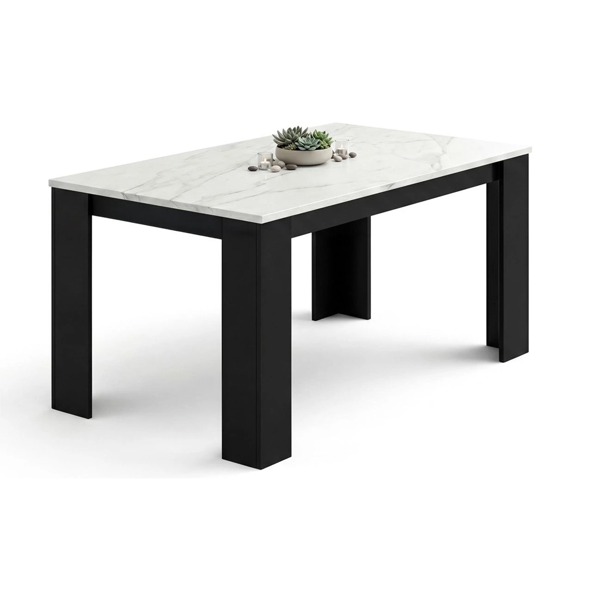 Mesa de comedor fija en negro mate y efecto mármol 140X80 cm Naya Negro Mate - Mármol Blanco Mate