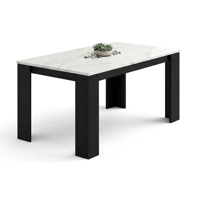 Mesa de comedor fija en negro mate y efecto mármol 140X80 cm Naya Negro Mate - Mármol Blanco Mate