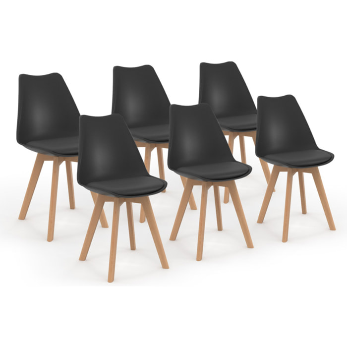 Chaises Nordia noire pieds bois - lot de 6