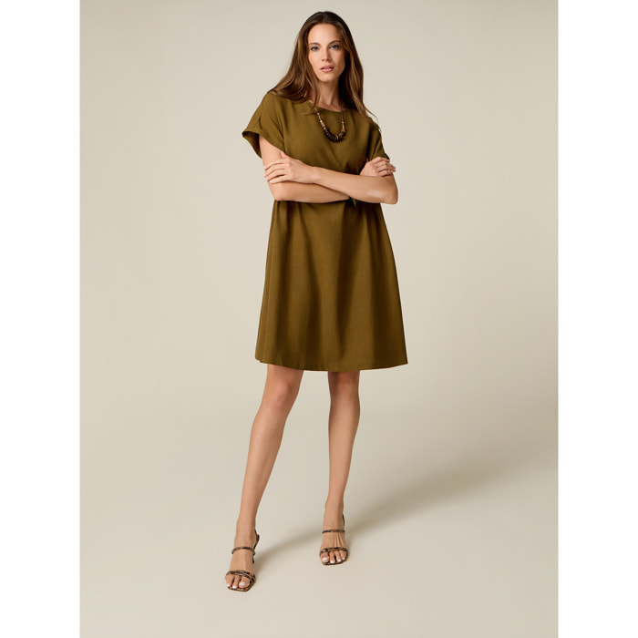 Oltre - Vestito flare misto lino con collana - Kaki