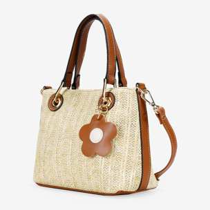 Bolso de rafia con doble asa y colgante de flor