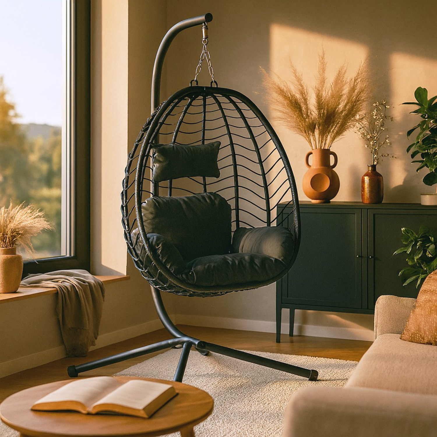 Fauteuil suspendu en résine effet rotin noir ATHENE