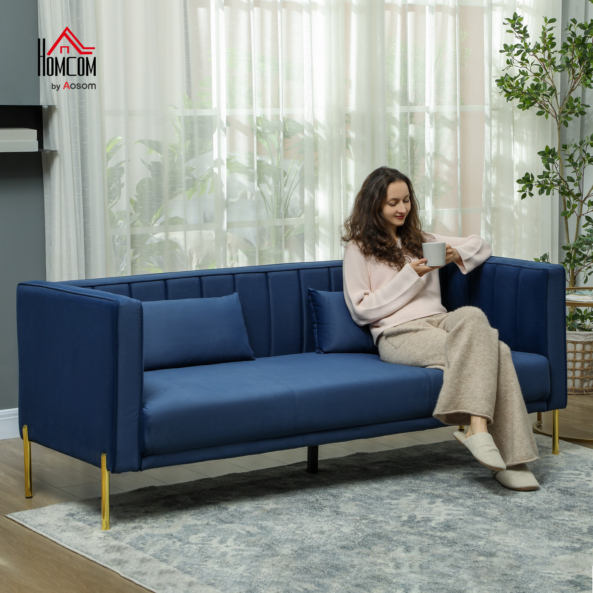 Sofá de 3 Plazas Sofá de Salón de 194,5 cm Tapizado en Terciopelo con 2 Almohadas Reposabrazos y Patas Doradas para Sala de Estar Azul Marino