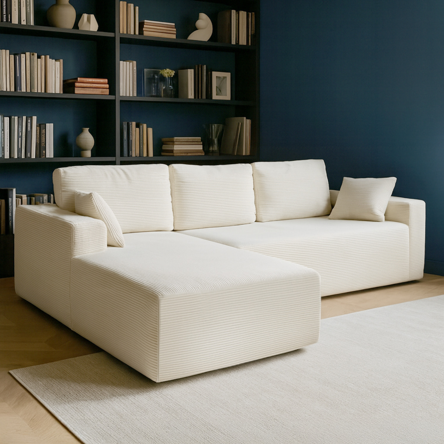 PRESTON Canapé d'angle 3 places en velours côtelé beige