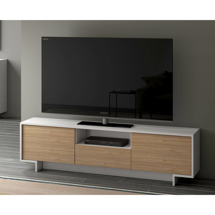 Mobile Porta TV Darrighin, Supporto per televisione da salotto, Credenza bassa da soggiorno a 2 ante e 1 cassetto, 100% Made in Italy, 170x42h48 cm, Bianco e Rovere