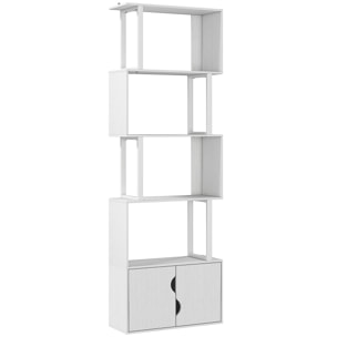 Bibliothèque design zig zag - 4 étagères, 2 portes - effet bois acier blanc