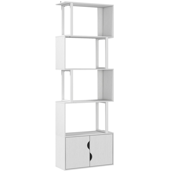 Bibliothèque design zig zag - 4 étagères, 2 portes - effet bois acier blanc