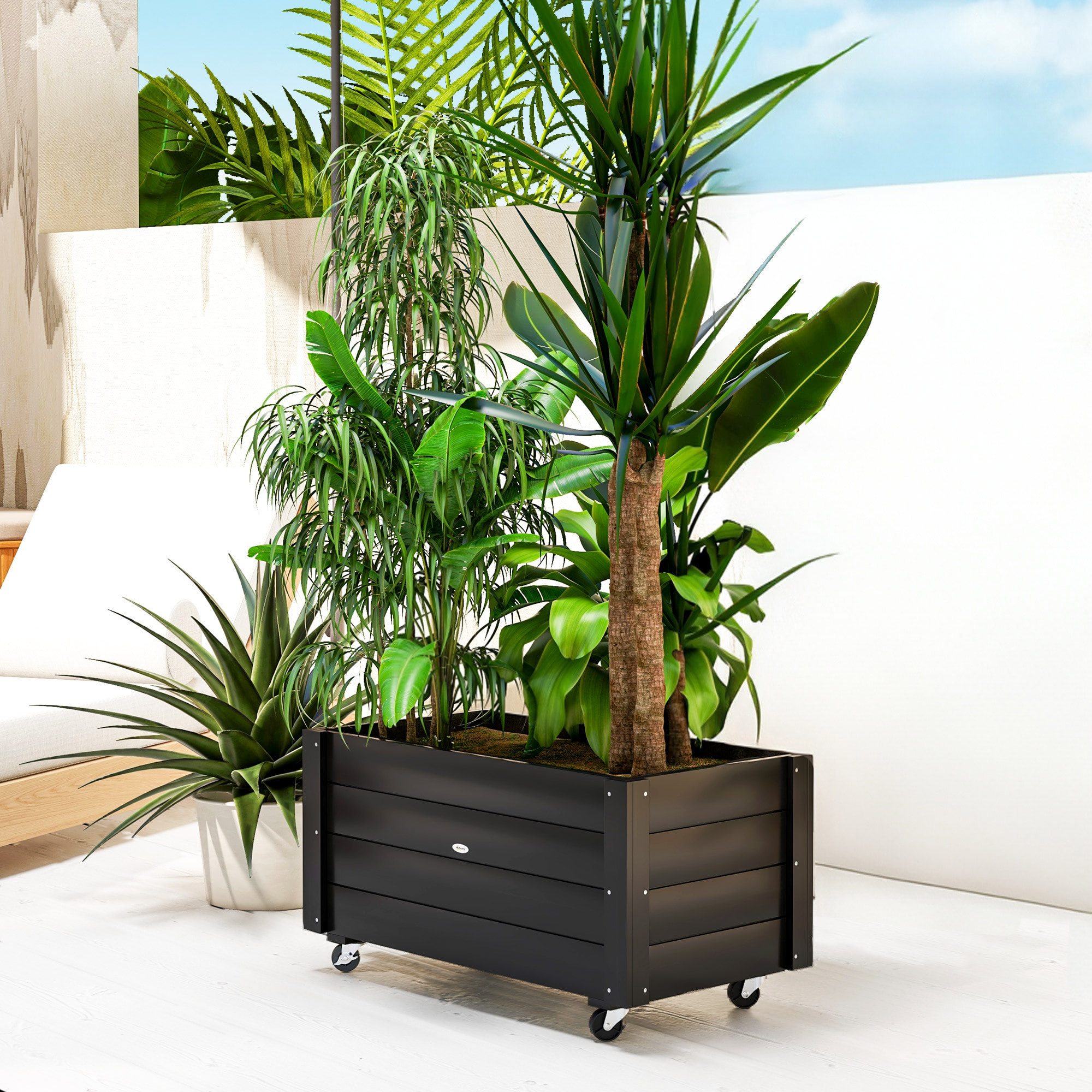 Jardinera de Madera con Ruedas, Huerto Urbano para Cultivar Plantas, Macetero Exterior con Orificios de Drenaje y Tela no Tejida, para Jardin, Terraza, Balcón y Patio, 89x48x47 cm, Negro