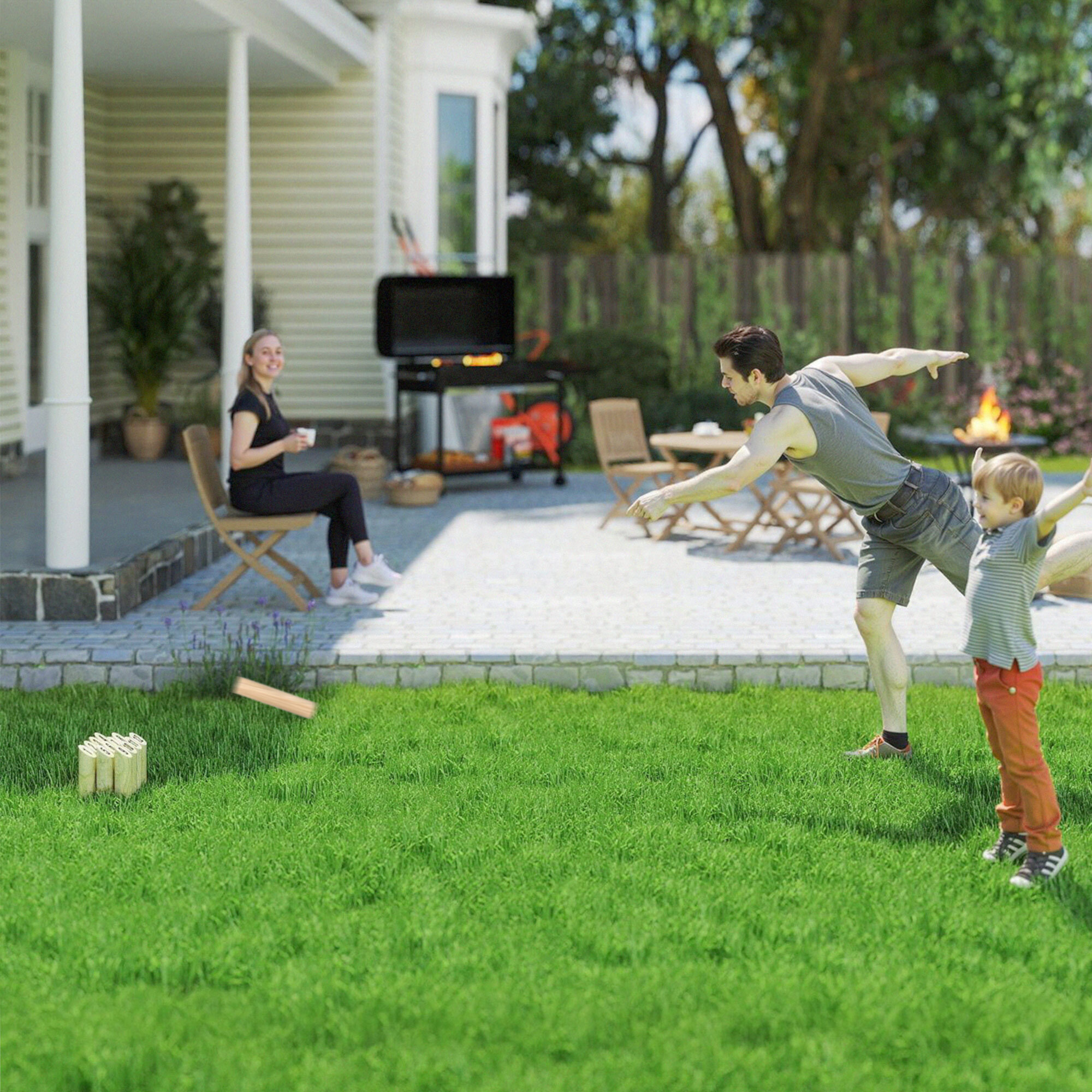 Juego de Bolos Finlandeses, 12 Bolos de Madera de Pino con 1 Palo de Lanzamiento y Caja de Transporte, Juego al Aire Libre para Adultos, Jardín, Picnic, Playa y Fiestas, Natural