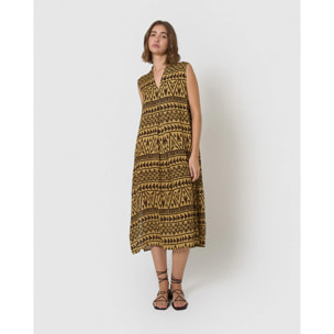 Vestido midi bambula detalles plisados indi marrón