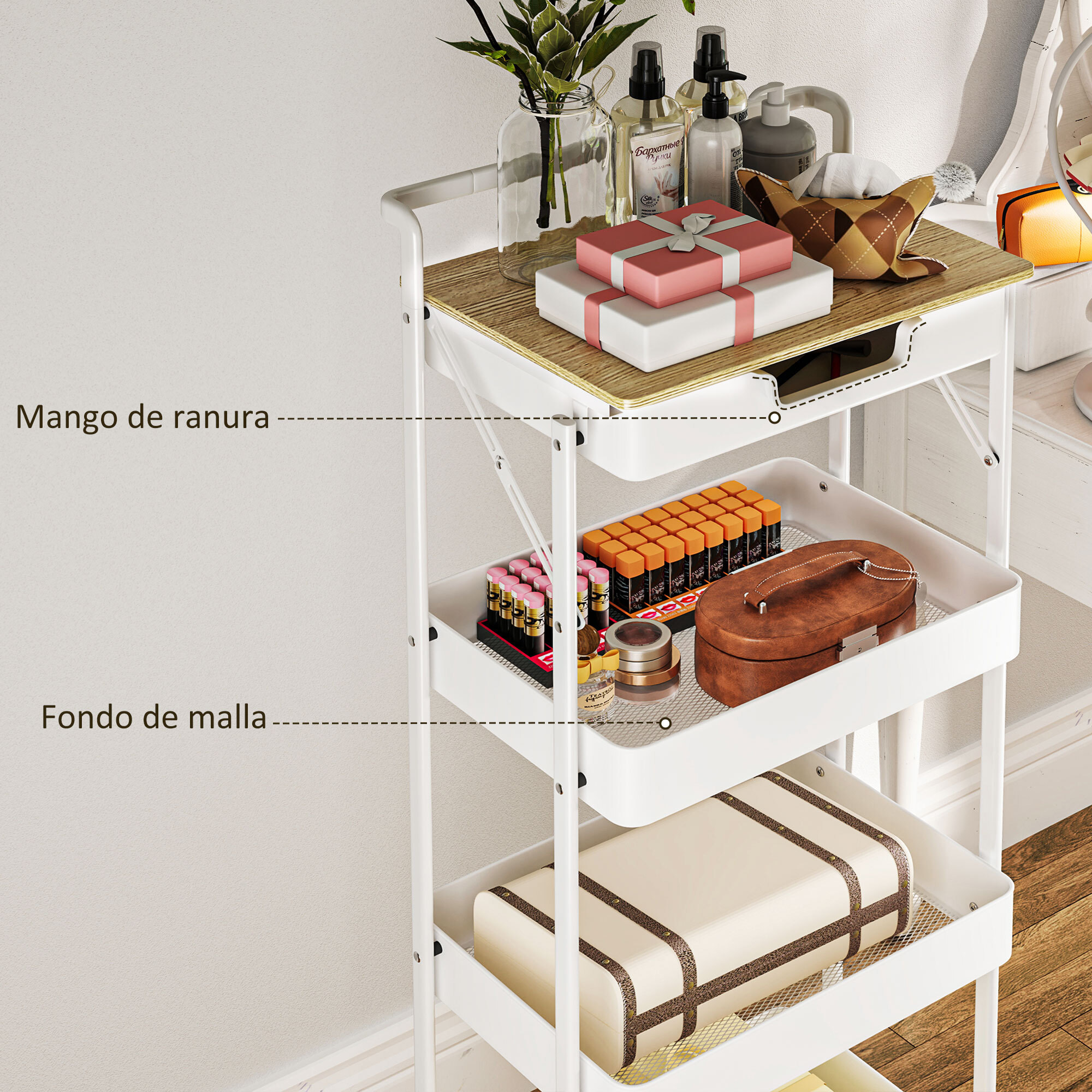 Carrito Auxiliar con Ruedas de 4 Niveles Carro de Cocina con 1 Cajón y 3 Cestas Carrito Organizador para Dormitorio Salón Oficina Blanco