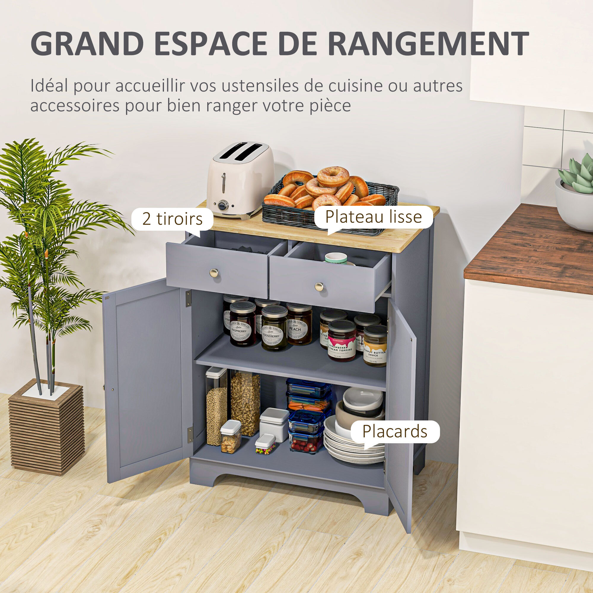 Buffet multi-rangement 2 portes avec étagère réglable 2 tiroirs coulissants bois d'hévéa MDF gris