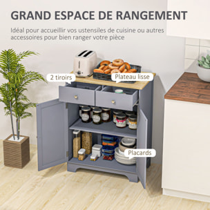 Buffet multi-rangement 2 portes avec étagère réglable 2 tiroirs coulissants MDF gris plateau bois d'hévéa