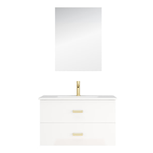 Meuble Salle de Bains 80 cm Laqué Blanc et Or Doré à Tiroirs avec Vasque Céramique et Miroir