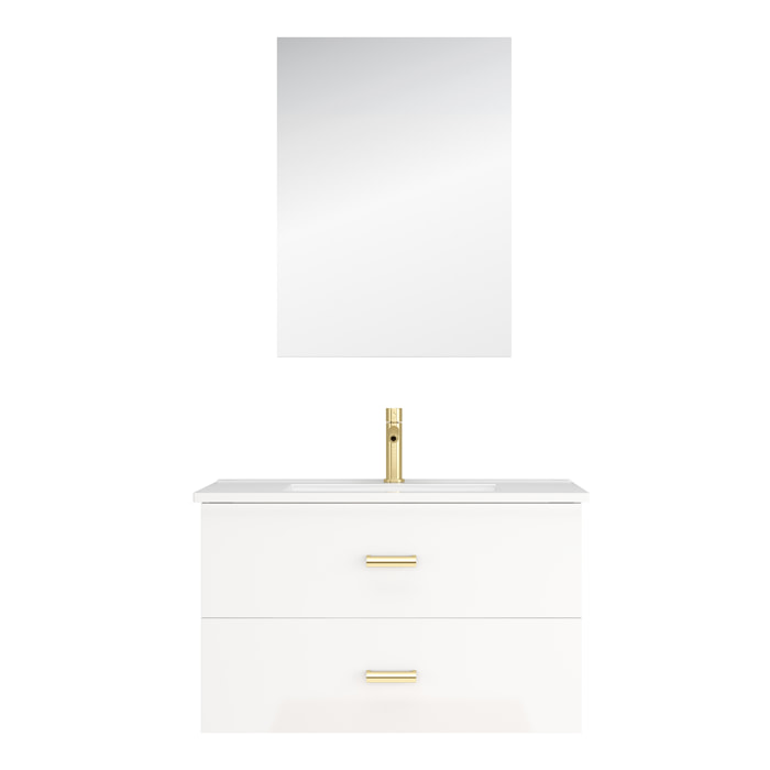 Meuble Salle de Bains 80 cm Laqué Blanc et Or Doré à Tiroirs avec Vasque Céramique et Miroir